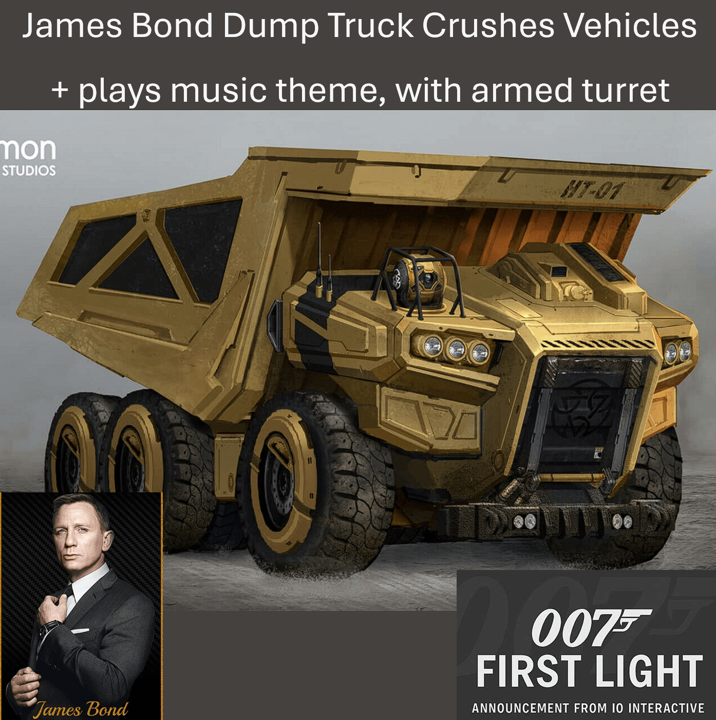 James Bond dump truck crushes vehicles,play music
