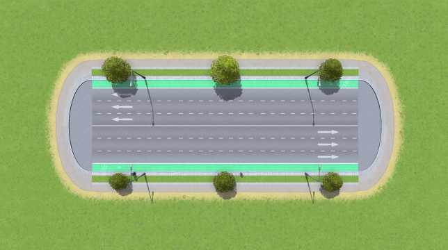 Large Road with Bike Lanes, Trees, No Parking