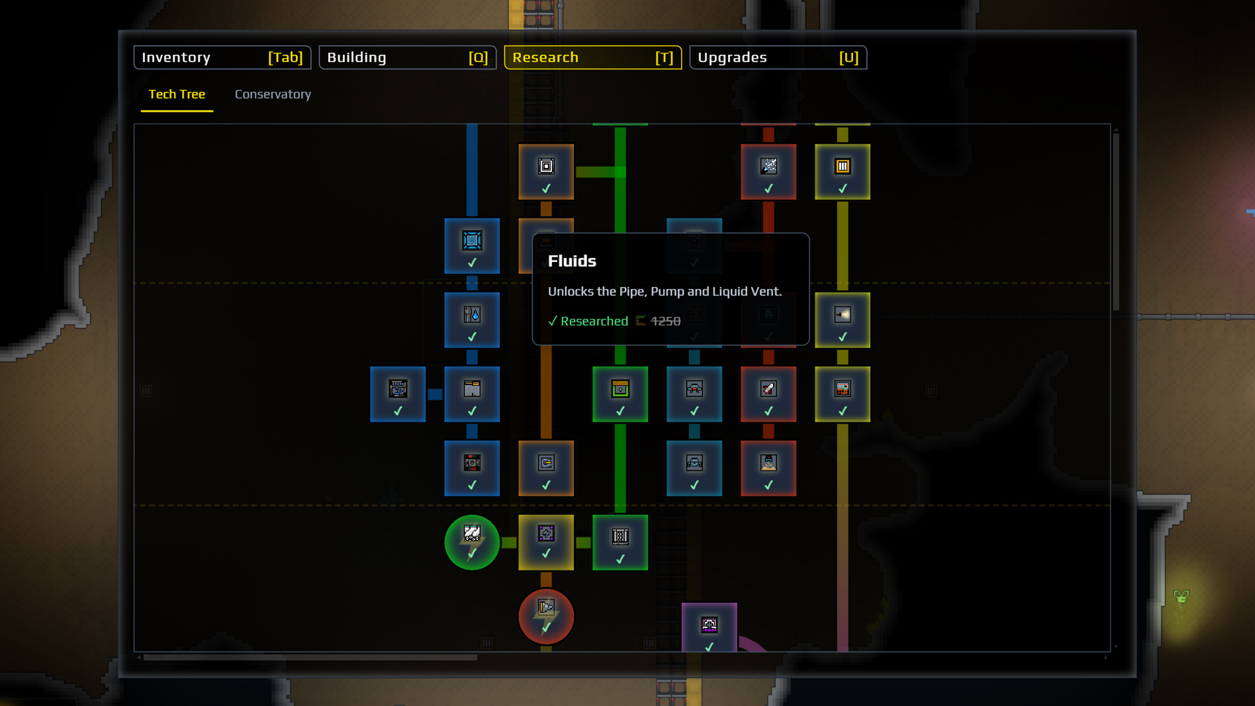Sandustry Research screen showing progression through structures and inventory items