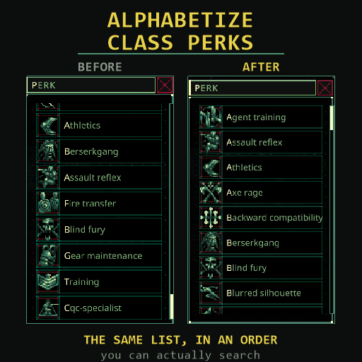Alphabetize Perk List