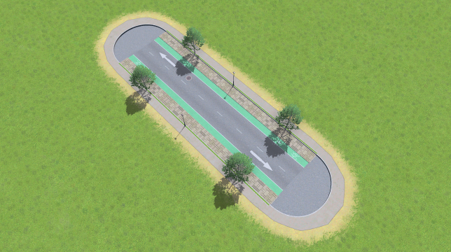 Small Road with Green Bike Lanes, Trees and Parking