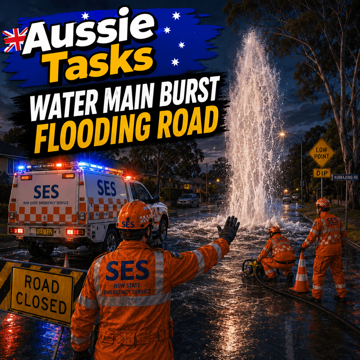 Aussie Tasks - Water Main Burst flooding road