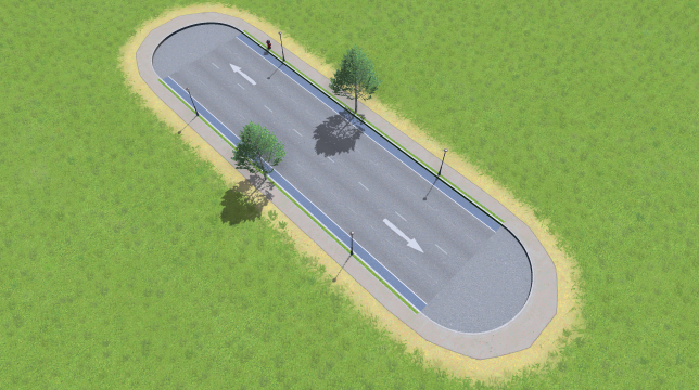 Small Road with Blue Bicycle Lanes, Trees, Parking.