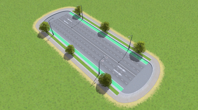 Large Road with Bike Lanes, Trees, Parking