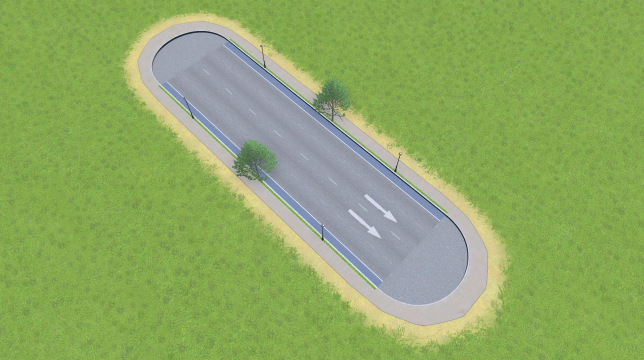 Small Road with Blue Bicycle Lanes, Trees, Parking (One-Way)