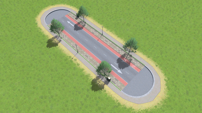 Small Road with Red Bike Lanes, Trees and Parking