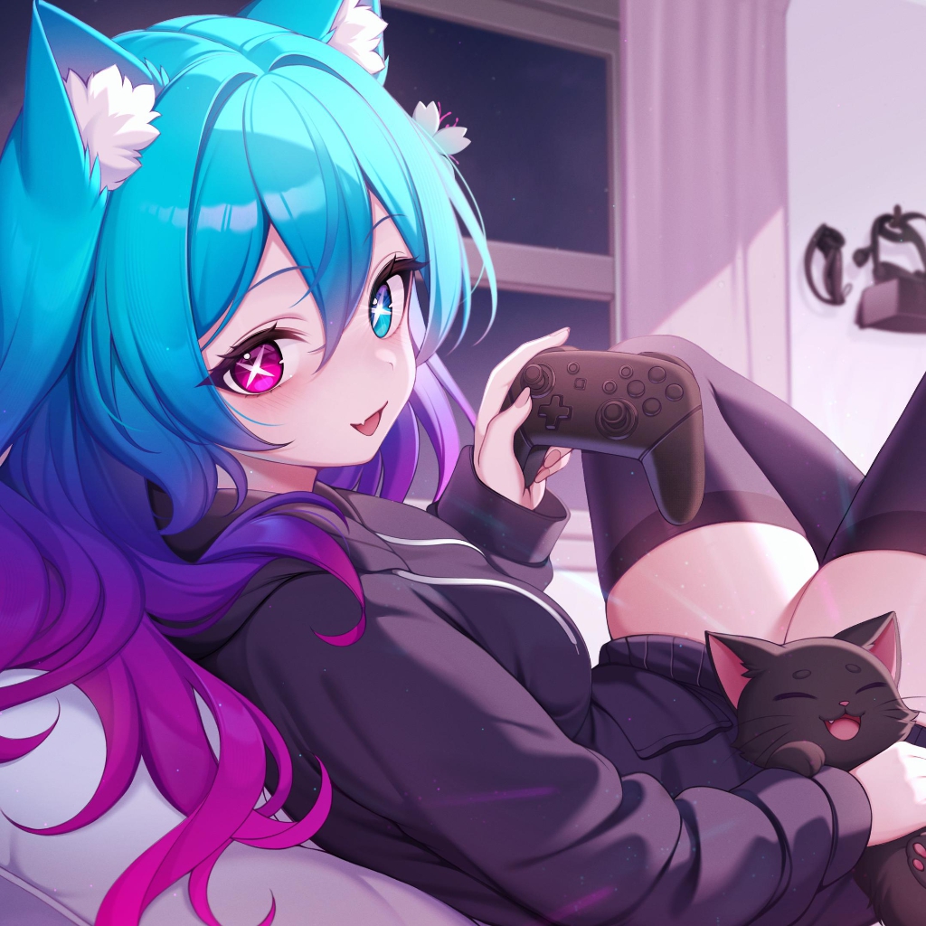 Neon Gamer Catgirl "Exenia" with Cat "Aura" preview
