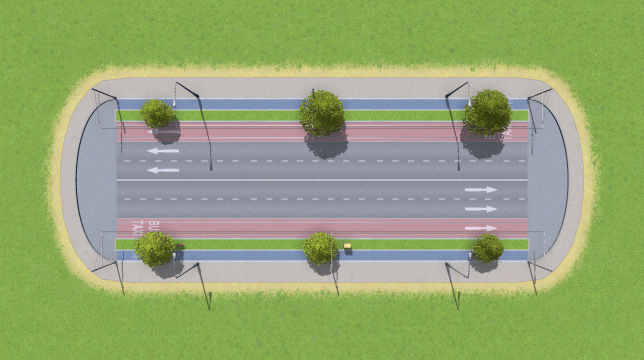 Large Road with Blue Bike Lanes, Bus-Tram Lanes, Trees