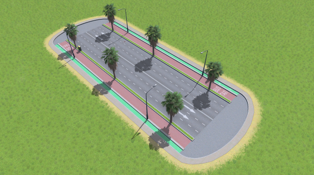 Large Road with Bike Lanes and Bus Lanes, Trees, Parking