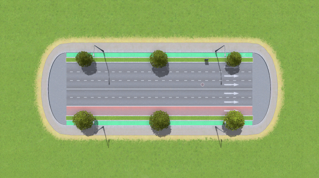 Large Road with Bike Lanes and One Bus Lane, Trees (One-Way)