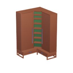 Cabinet - corner, top to bottom shelves, with doors