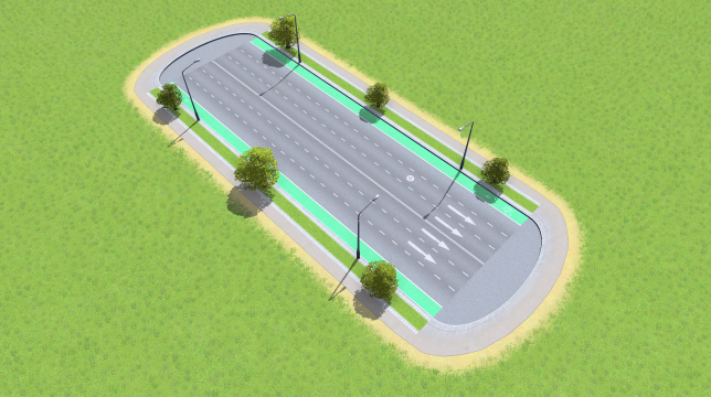 Large Road with Bike Lanes, Trees, Parking (One-Way)