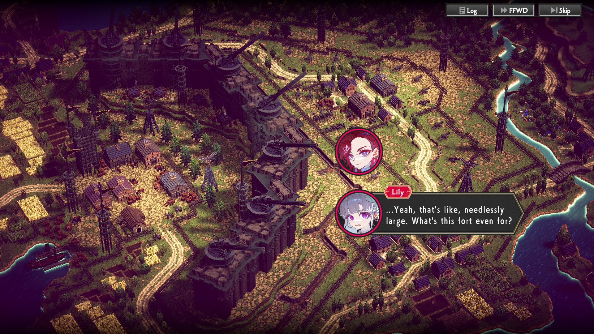 Lily and Scarlet gaze upon a great and heavily armed wall, with Lily asking: "...Yeah, that's like, nedlessly large. What's this fort even for?"