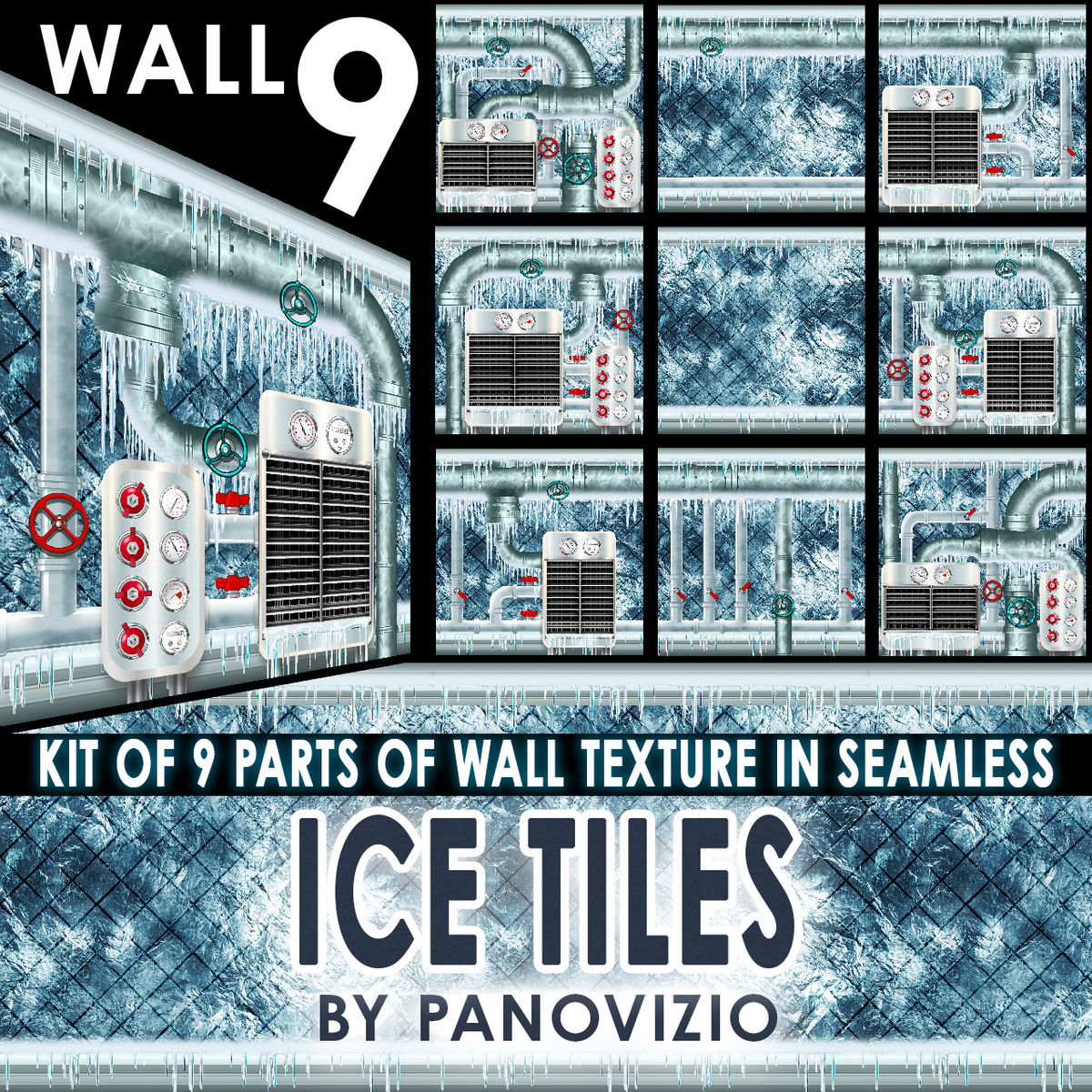 PANO FROZEN WALL ON ICE - ICE TILES - AIR/WATER PIPES SYSTEM 9 KIT WALL