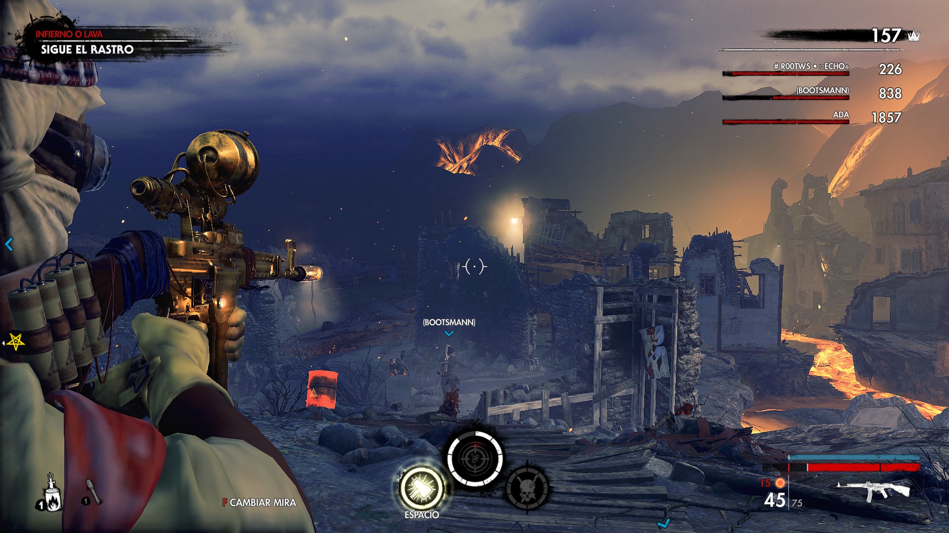 Zombie Army 4: Dead War – gameplay screenshot showing a soldier aiming a rifle in a dark battlefield surrounded by lava and ruins.