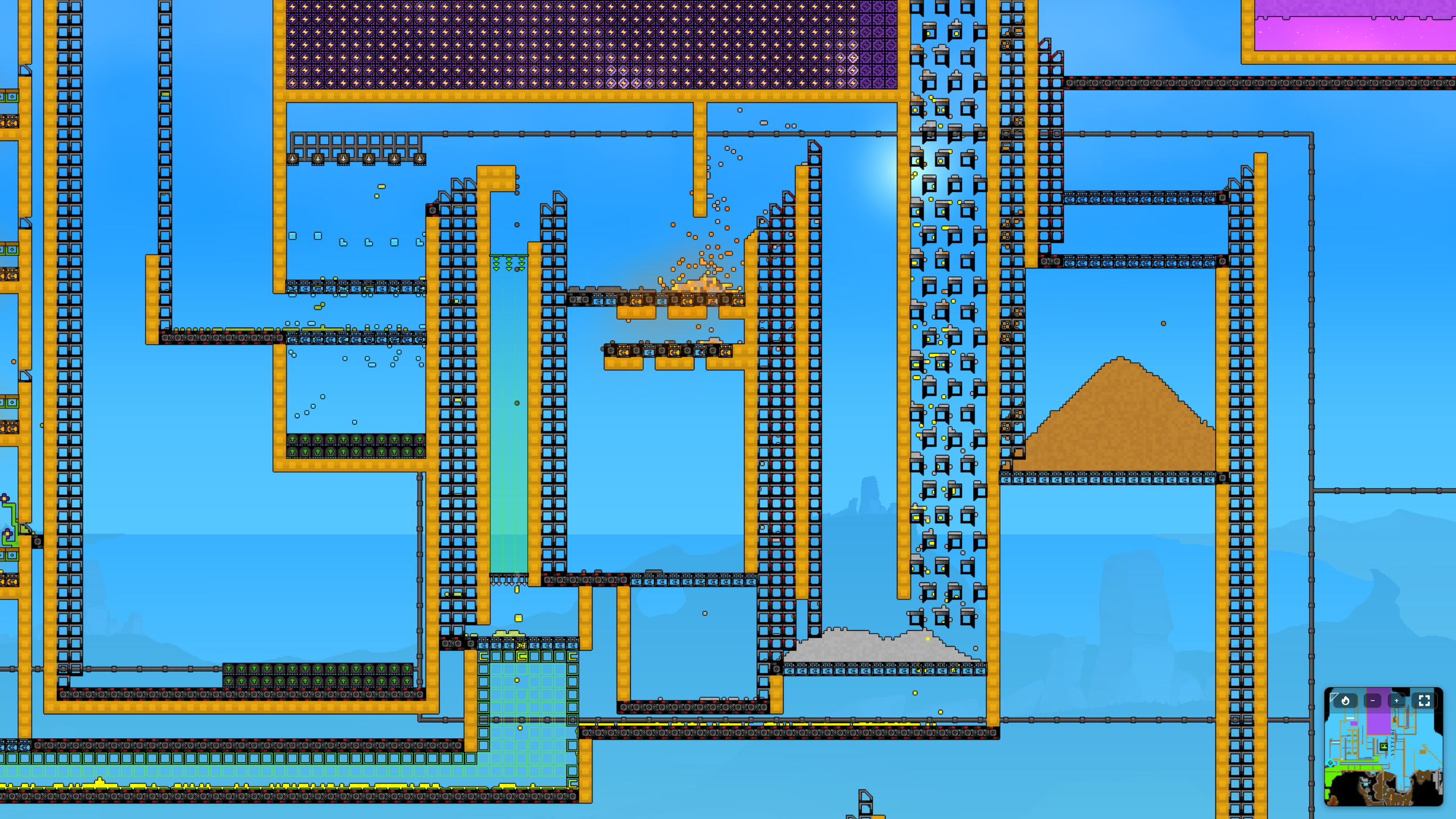 Sandustry logistics and transportation layout with conveyors, launchers, filters, and fluid lines