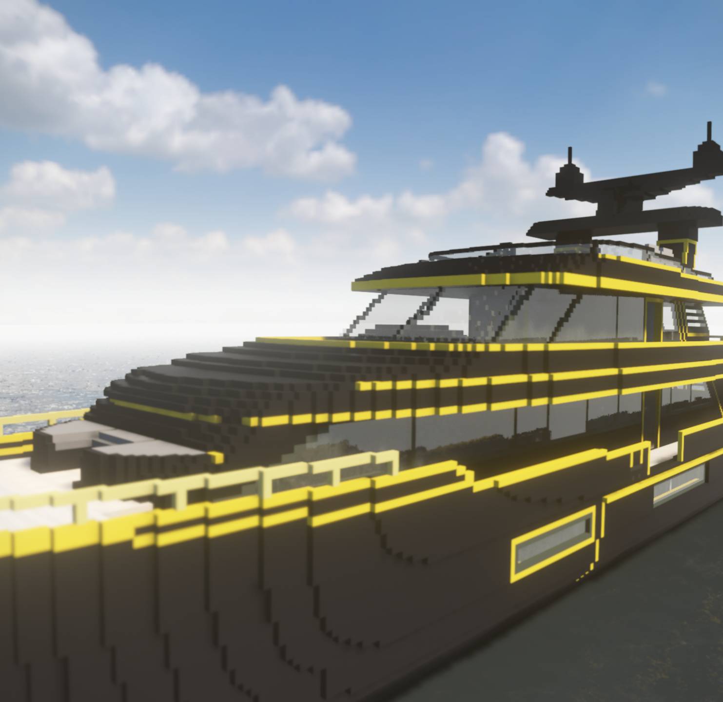 a black and yellow yacht