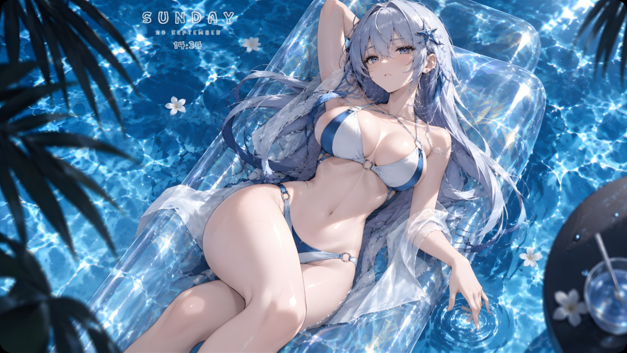 An anime girl is Chill in a swimming poo