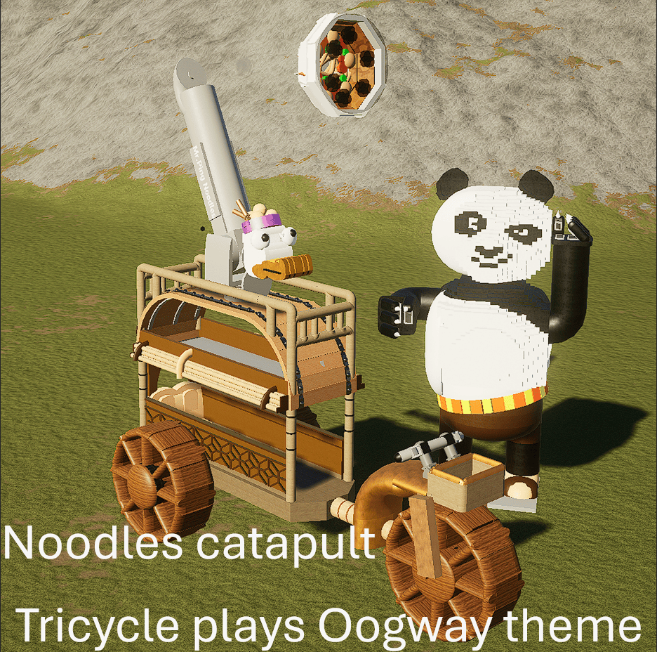 Kung fu panda tricycle plays music, noodle catapult