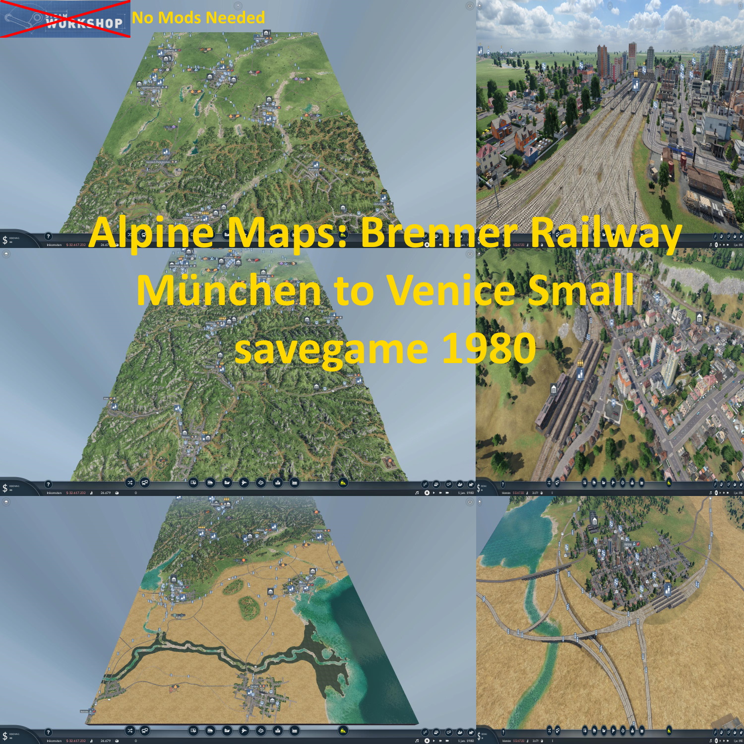 Alpine maps: Brenner Railway Munchen to Venice small savegame 1980