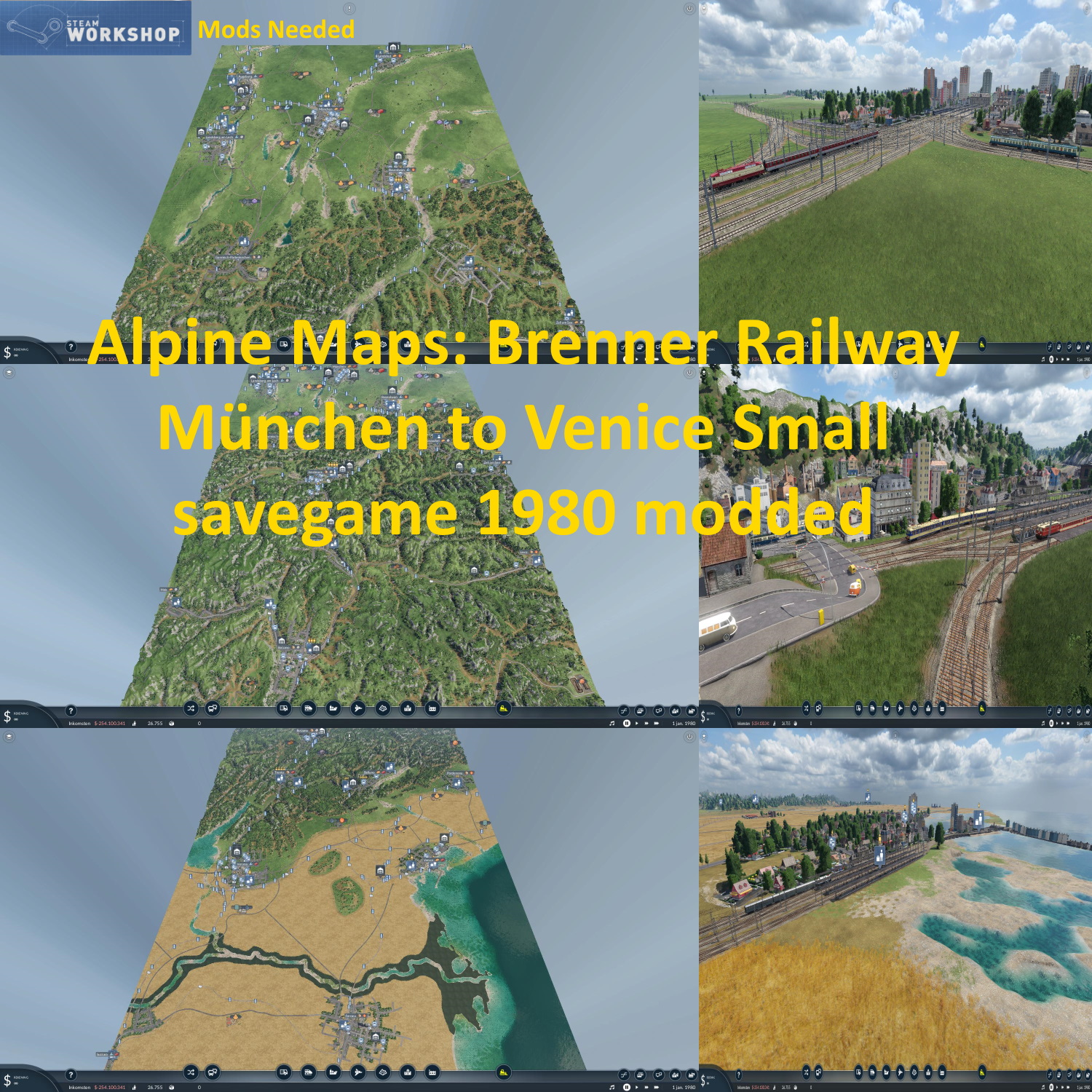 Alpine maps: Brenner Railway Munchen to Venice small savegame 1980 modded