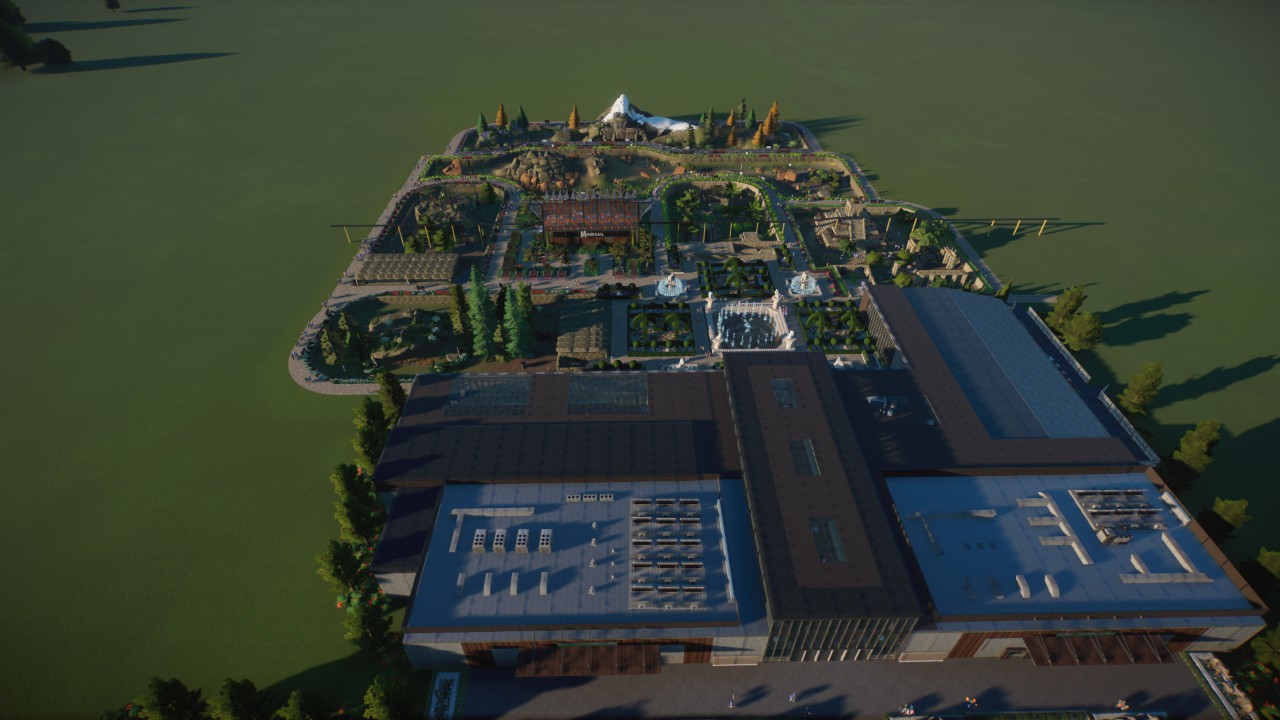 Big modern zoo entrence, with big food coart, 7 habitats and monorail