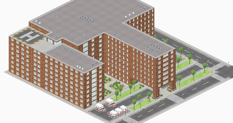BIG CITY HOSPITAL with landing area for rescue helicopters