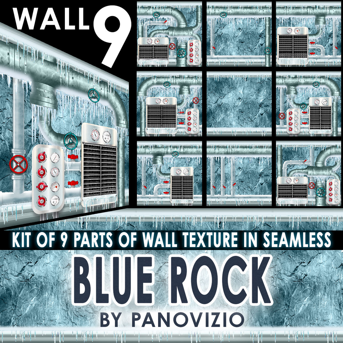 PANO FROZEN WALL ON ICE - BLUE ROCK - AIR/WATER PIPES SYSTEM 9 KIT WALL