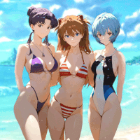 Misato, Asuka & Rei on the beach (Evangelion)