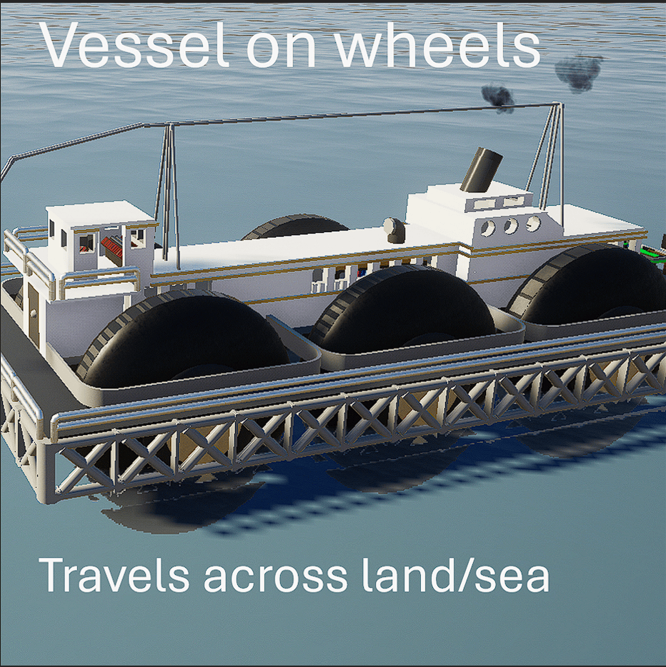 Vessel on wheels land/water drive