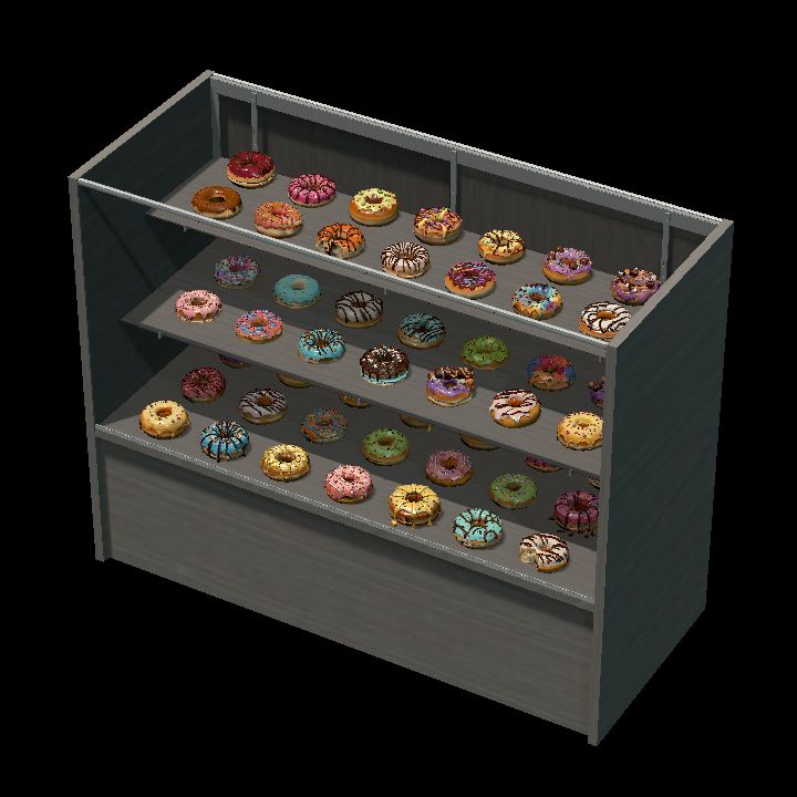 Bakery display case of donuts