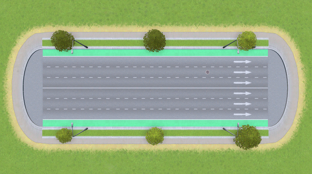 Large Road with Bike Lanes, Trees, No Parking (One-Way)