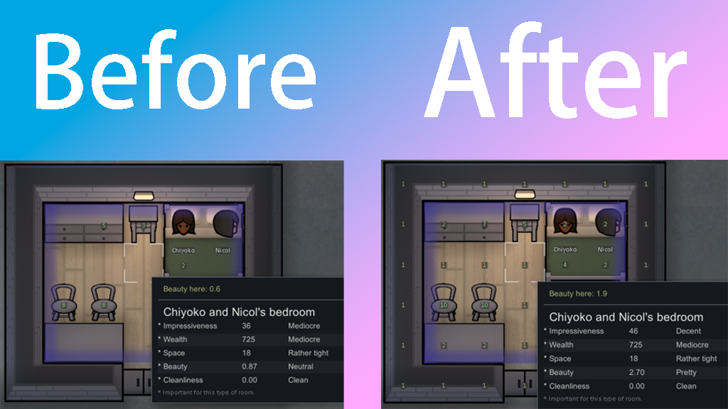 Dye Aesthetic mod preview for RimWorld