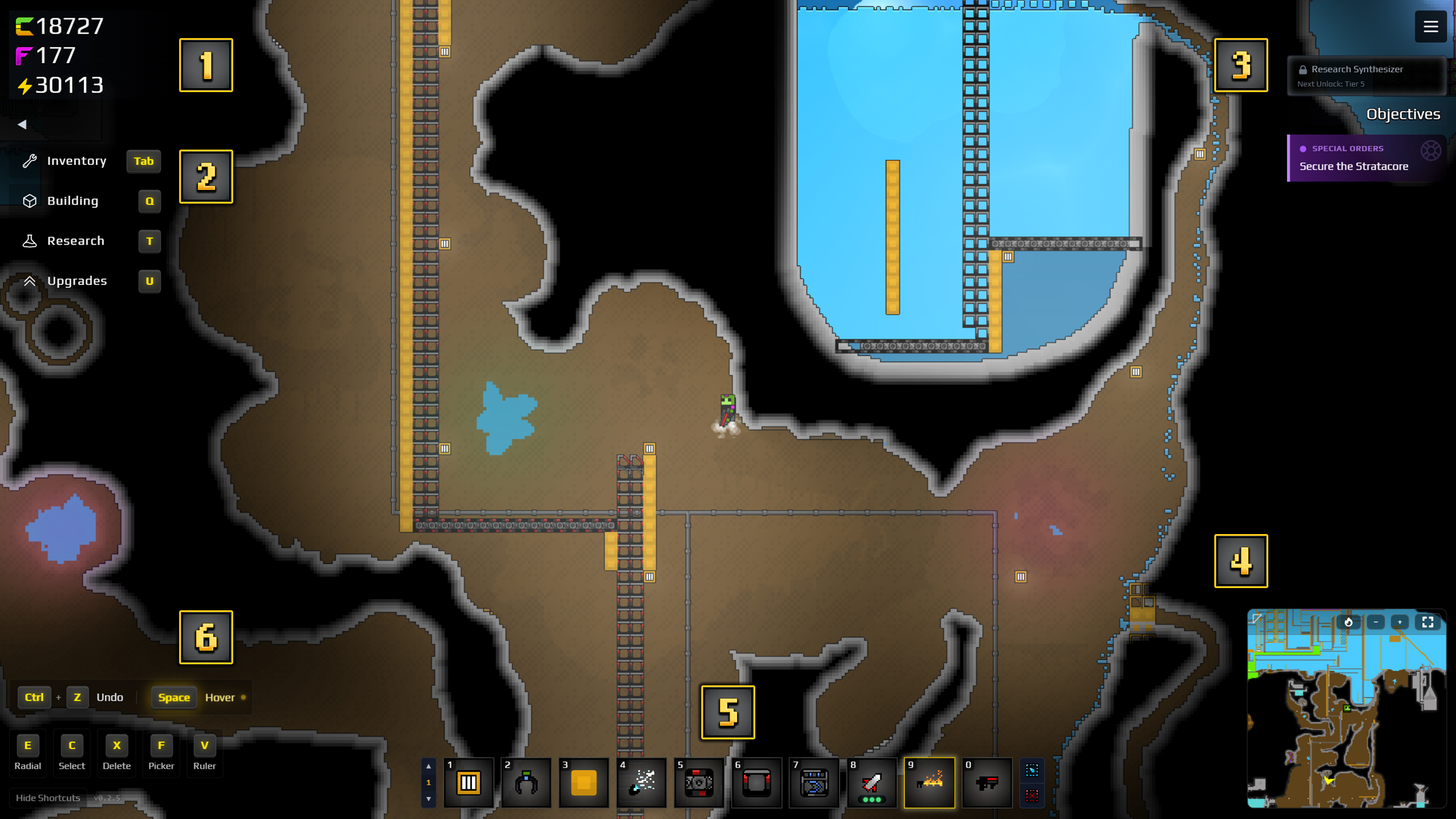 Sandustry user interface overview showing currencies, objectives, minimap, hotbar, and shortcuts