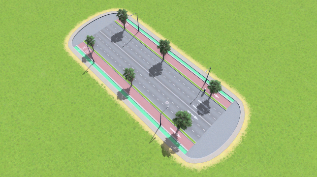 Large Road with Bike Lanes and Bus Lanes, Trees, Parking (One-Way)