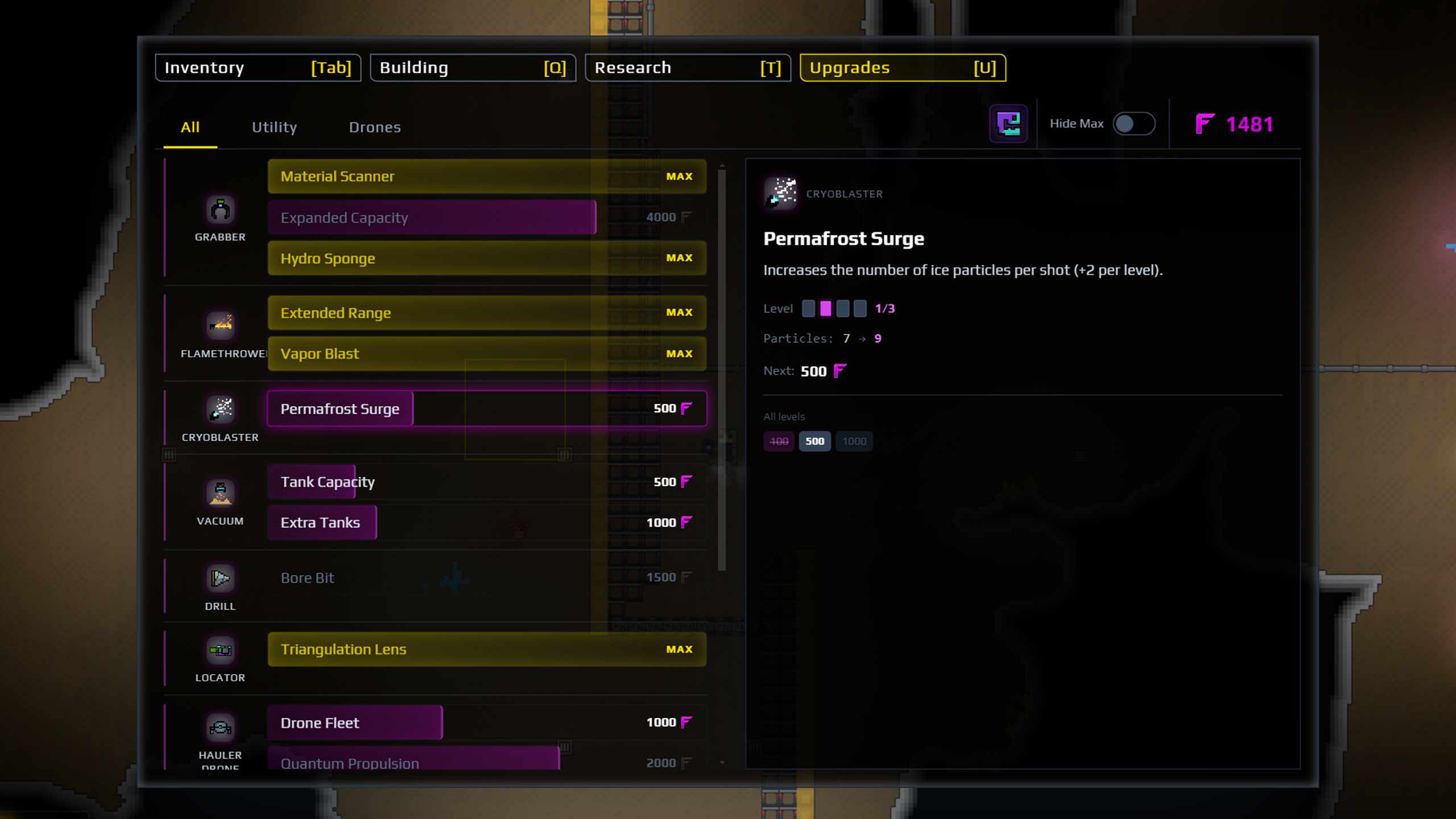 Sandustry Upgrades screen for the Grabber, Flamethrower, and Drones