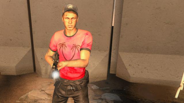 Ellis with a red shirt and palm trees.