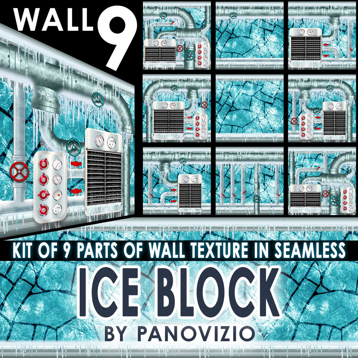 PANO FROZEN WALL ON ICE - ICEBLOCK - AIR/WATER PIPES SYSTEM 9 KIT WALL