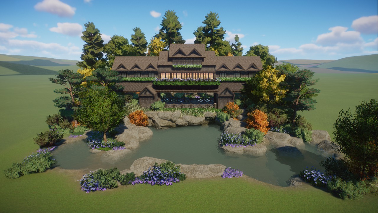 Walkover Bridge with Waterfalls and Shops