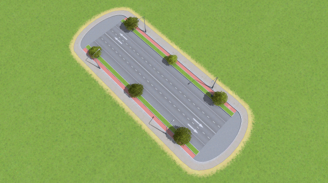 Large Road with Red Bike Lanes, Trees and Parking