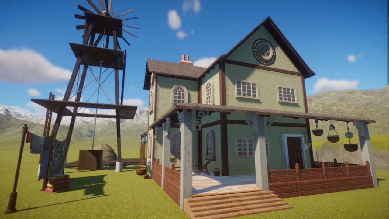 Cute Prairie Farmhouse and Windmill Shell Scenery