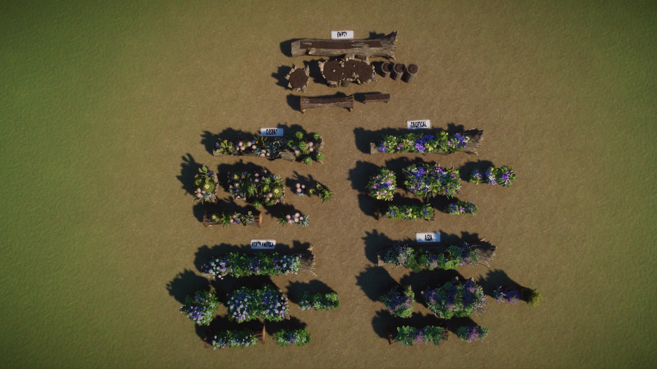 flower pots/planting boxes, plants in trees, different biomes, Blumenkästen/Pflanzkästen, bepflanzte Bäume, verschiedene Biome