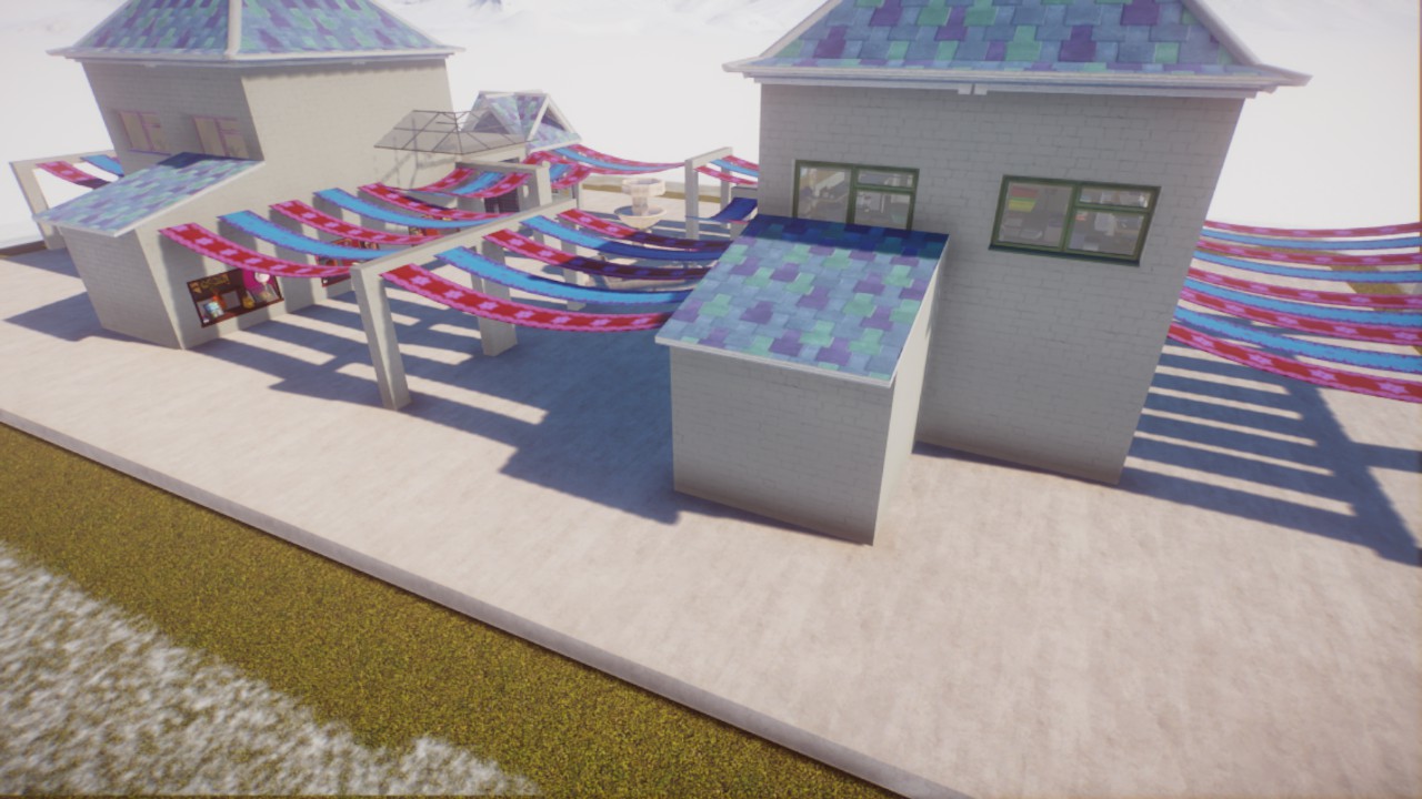 Blue and white food court