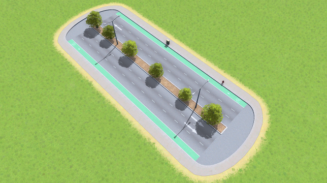 Large Road with Bicycle Lanes, Decorative Trees, Parking