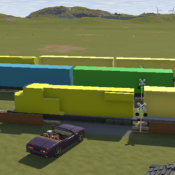 A bunch of roblox-themed trains passing on a track
