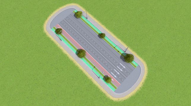 Large Road with Bike Lanes and One Bus Lane, Trees, Parking-Emergency Lane (One-Way)