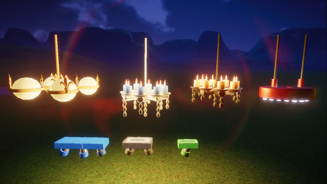lamps, chandeliers, spotlights, realistic size, Kronleuchter, Spots