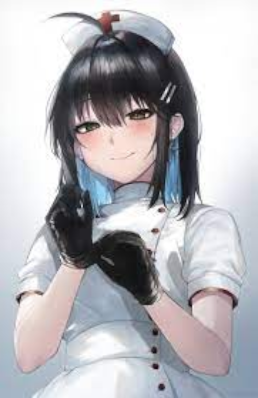 Anime nurse in black latex gloves