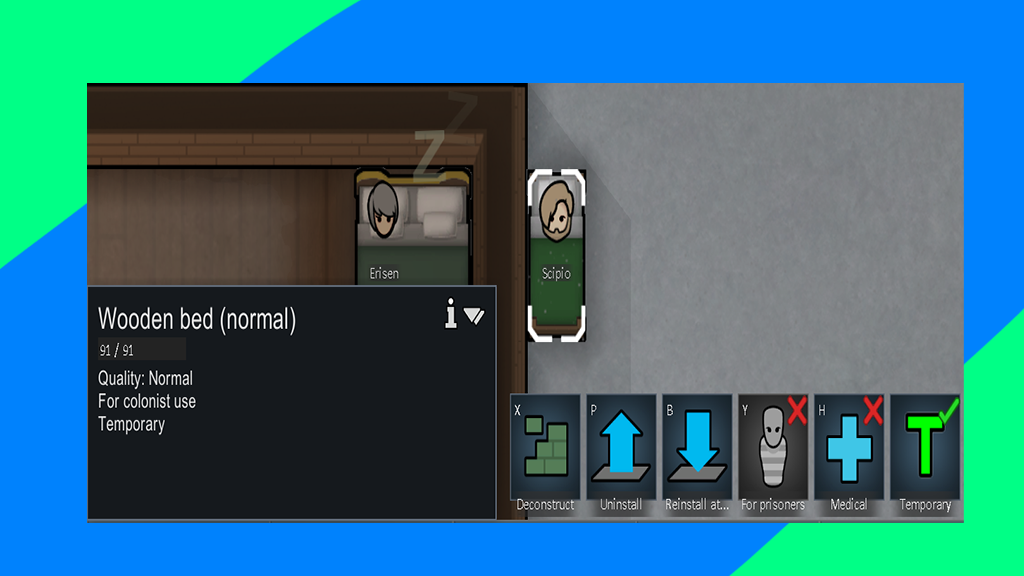 Temporary Bed mod preview for RimWorld