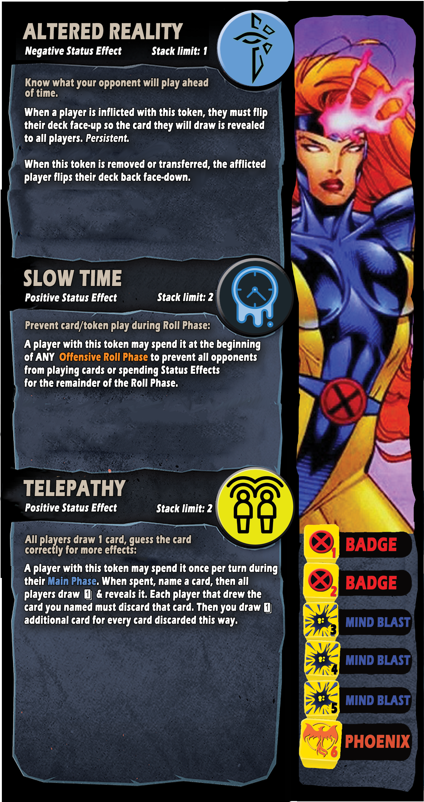 Jean Grey, Dice throne Homebrew, Balanced/tested.  Finished, printNplay ready